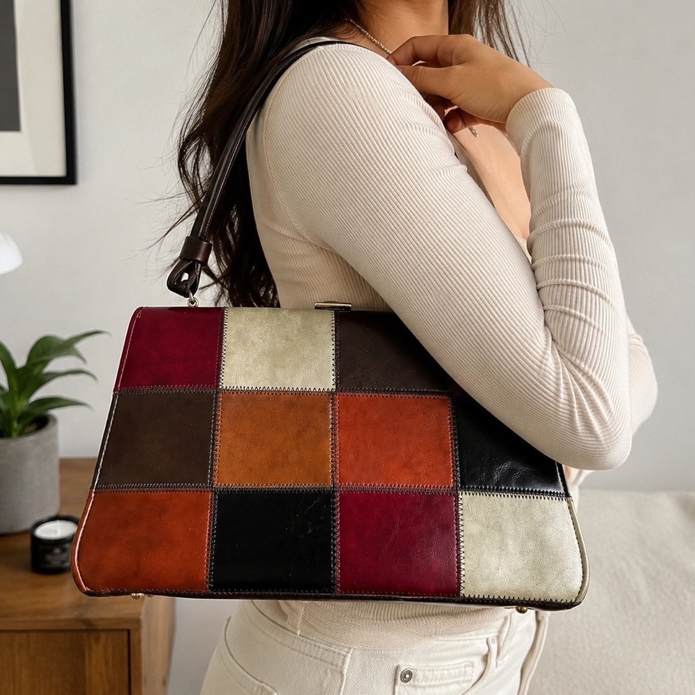 Vintage Leather Patchwork Handbag Multi Color Earth Tone Frame Satchel Bag